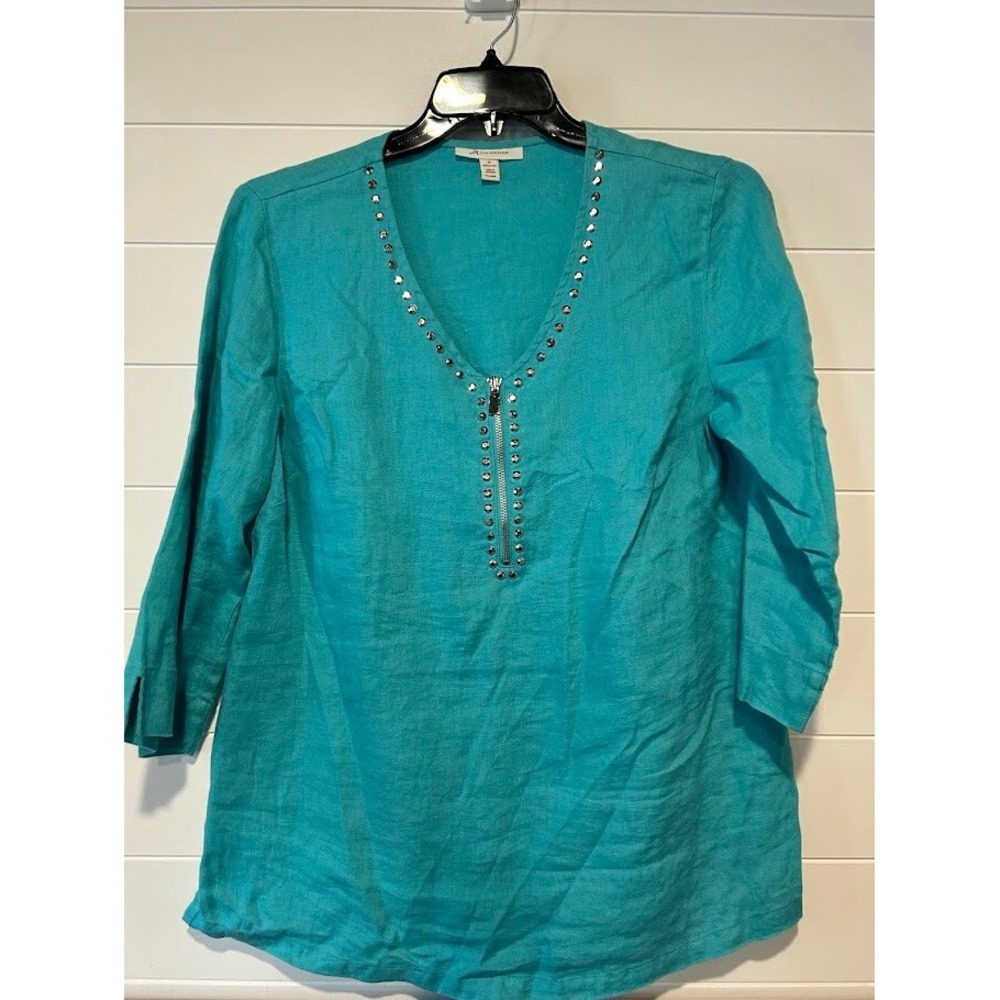 JM Collection Blouse Sz 12 Turquoise 3/4 Length Sleeve 100% Linen